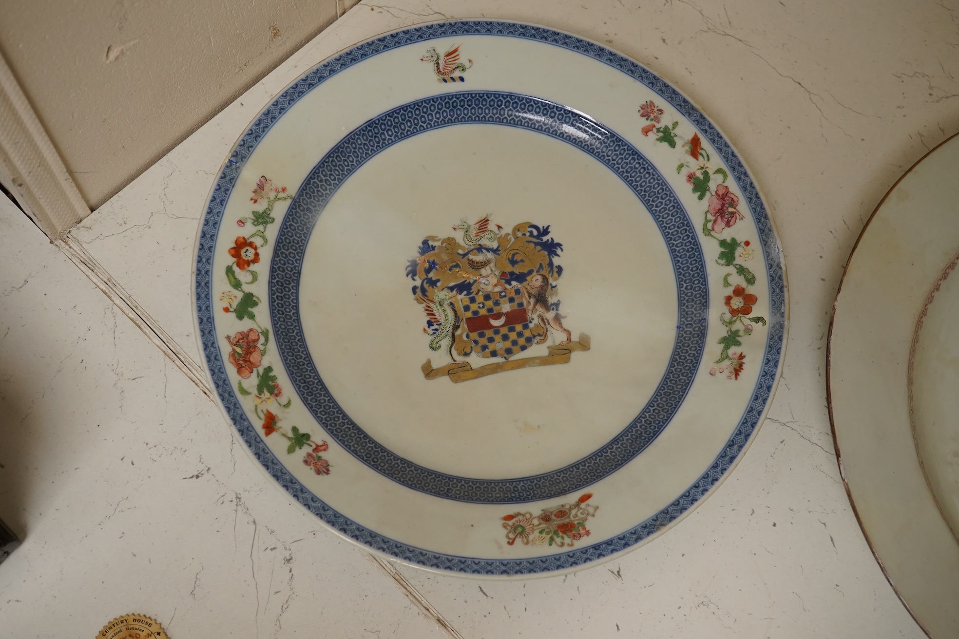 Two 18th century Chinese armorial dishes with arms of Way and Clifford, largest 35cm. Condition - both restored